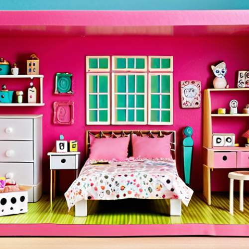 Home 15 **Image Prompt:** A vibrant, miniature dollhouse interior crafted from repurposed LOL Surprise packaging. The scene includes tiny furniture like beds and tables made from cardboard, and organizers holding hair ties and doll jewelry. Focus on showcasing the clever reuse of materials and the dollhouse's charm. Style: Whimsical, DIY.
