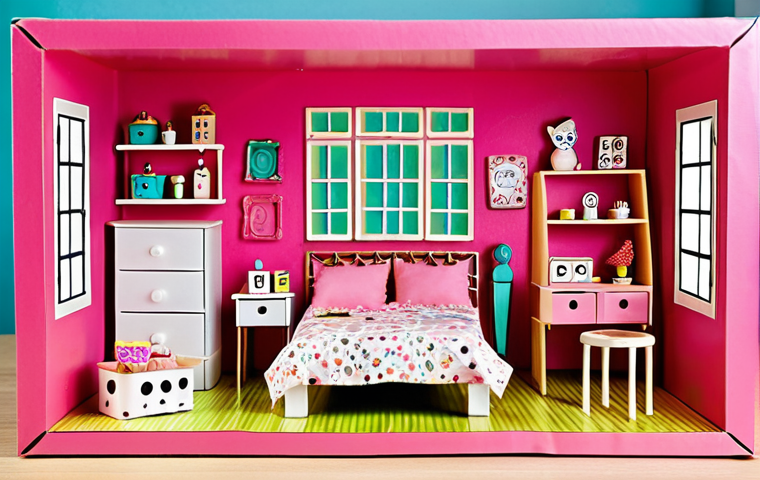 **Image Prompt:** A vibrant, miniature dollhouse interior crafted from repurposed LOL Surprise packaging. The scene includes tiny furniture like beds and tables made from cardboard, and organizers holding hair ties and doll jewelry. Focus on showcasing the clever reuse of materials and the dollhouse's charm. Style: Whimsical, DIY.