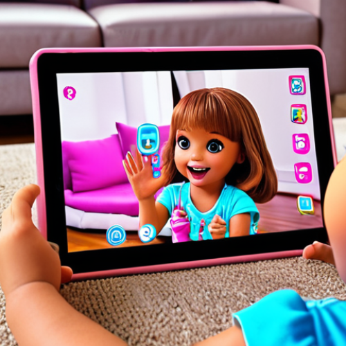 Home 14 **
A child is happily interacting with a 3D LOL Surprise doll on a tablet, the doll appearing to come to life in augmented reality within their living room. The scene should be bright and cheerful, with a sense of wonder and technological magic. Focus on the child's joyful expression and the doll's vibrant colors.
**