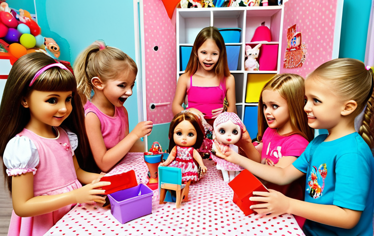 **
A group of excited Russian children gathered around a table, unboxing LOL Surprise! dolls. The dolls are brightly colored and have numerous accessories. The background includes elements of a typical Russian children's room, with toys and colorful decorations. Focus on the unboxing excitement and the dolls' vibrant aesthetic.
**