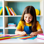 A happy young girl, approximately 8 years old, fully clothed in a modest, colorful casual outfit, sitting at a clean, organized table in her brightly lit bedroom. She is carefully unpeeling a layer of a multi-layered LOL Surprise doll packaging, her eyes wide with anticipation and joy. A partially revealed toy accessory is visible. The background shows blurred shelves with neatly arranged children's books and other toys. The scene is brightly lit, showcasing vibrant colors and crisp details. safe for work, appropriate content, fully clothed, family-friendly, perfect anatomy, correct proportions, natural pose, well-formed hands, proper finger count, natural body proportions, professional photography, high quality.