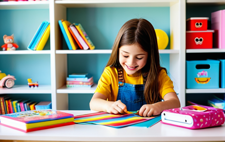 A happy young girl, approximately 8 years old, fully clothed in a modest, colorful casual outfit, sitting at a clean, organized table in her brightly lit bedroom. She is carefully unpeeling a layer of a multi-layered LOL Surprise doll packaging, her eyes wide with anticipation and joy. A partially revealed toy accessory is visible. The background shows blurred shelves with neatly arranged children's books and other toys. The scene is brightly lit, showcasing vibrant colors and crisp details. safe for work, appropriate content, fully clothed, family-friendly, perfect anatomy, correct proportions, natural pose, well-formed hands, proper finger count, natural body proportions, professional photography, high quality.