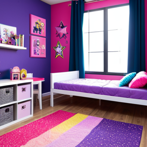 Home 24 **
"A vibrant and playful LOL Surprise themed bedroom, safe for work, appropriate content, fully clothed. Features include pink and purple walls adorned with LOL Surprise character decals, modest shelving displaying a collection of LOL dolls in their unique outfits, and a cozy reading nook with cushions patterned with LOL Surprise motifs. A colorful rug with a star design adds to the cheerful ambiance. Perfect anatomy, correct proportions, natural pose. Professional, modest, family-friendly, high quality render, detailed textures, bright lighting."
**
