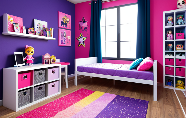 **

"A vibrant and playful LOL Surprise themed bedroom, safe for work, appropriate content, fully clothed. Features include pink and purple walls adorned with LOL Surprise character decals, modest shelving displaying a collection of LOL dolls in their unique outfits, and a cozy reading nook with cushions patterned with LOL Surprise motifs. A colorful rug with a star design adds to the cheerful ambiance. Perfect anatomy, correct proportions, natural pose. Professional, modest, family-friendly, high quality render, detailed textures, bright lighting."

**