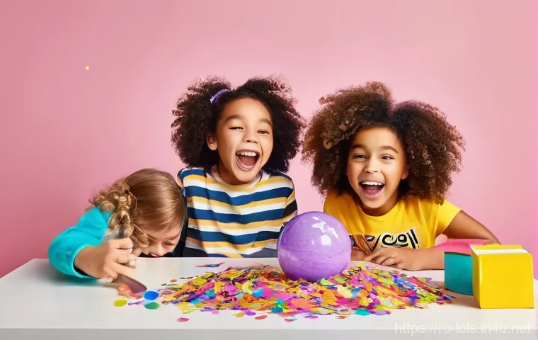 LOL 서프라이즈의 다양한 글로벌 이벤트 사례 - **Prompt:** A diverse group of children, aged 7-10, are gathered excitedly around a brightly lit tab...