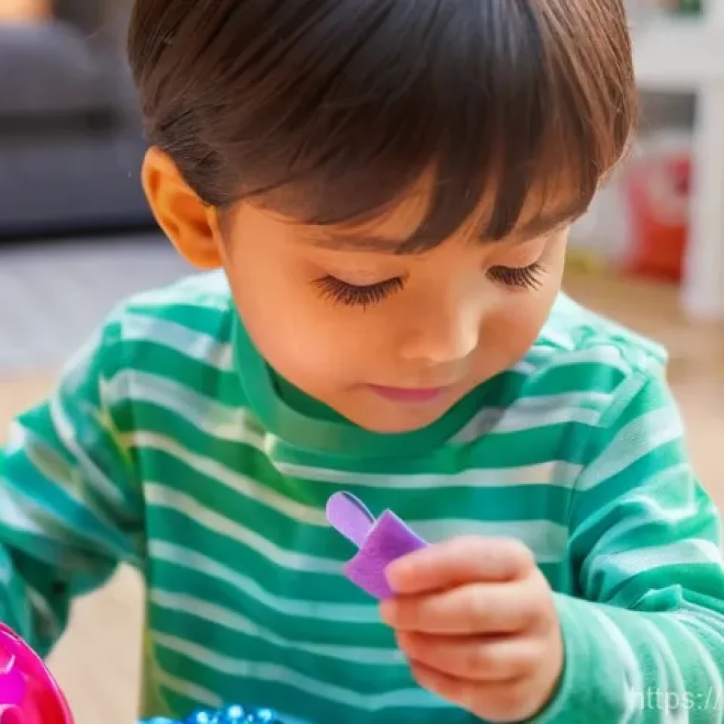 LOL 서프라이즈 인기 비결 - **"A close-up of a child's hands, aged around 7, gently peeling back the final layer of a vibrant, m...