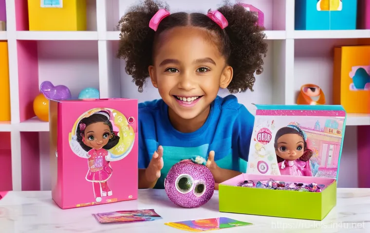 LOL 서프라이즈 장난감의 전용 수집 앨범 - A joyful child, approximately 8-10 years old, with bright eyes and a wide smile, is excitedly unboxi...