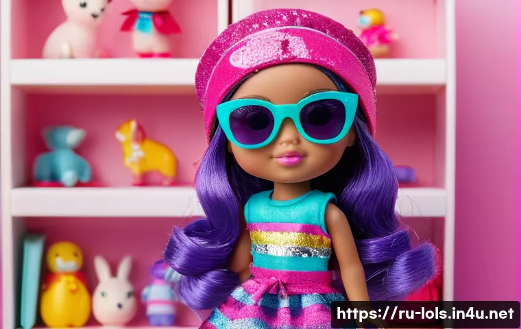 LOL 서프라이즈의 캐릭터별 의상 디자인 - A vibrant LOL Surprise doll wearing colorful, bold clothing in bright pink, turquoise, and purple sh...