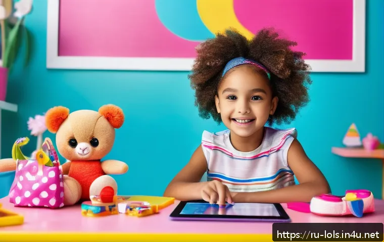 LOL 서프라이즈의 소비자 참여와 팬 콘텐츠 활용 - A joyful young girl wearing colorful casual clothes, sitting at a bright playroom table surrounded b...