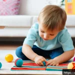 Home 22 LOL 서프라이즈의 교육용 활용 사례 - A detailed scene of a young Russian child aged 4 to 6, sitting at a bright, organized play table in ...