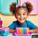 Home 20 LOL 서프라이즈 액세서리 세트 활용법 - A joyful child wearing colorful LOL Surprise-themed accessories including shiny bracelets, playful r...