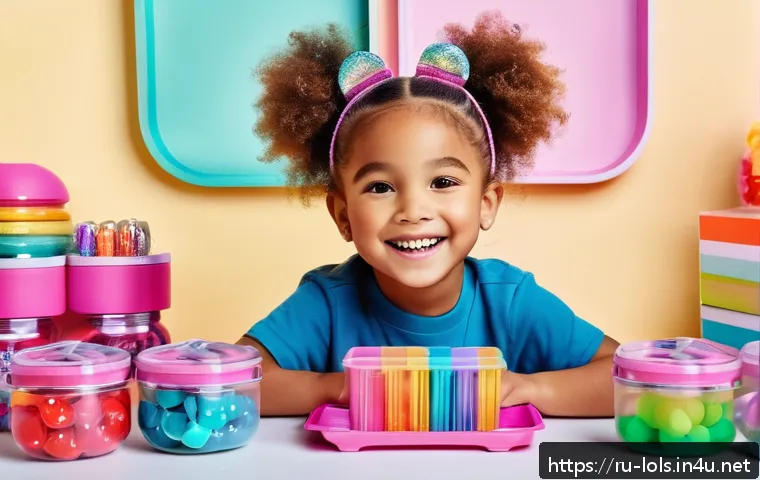 LOL 서프라이즈 액세서리 세트 활용법 - A joyful child wearing colorful LOL Surprise-themed accessories including shiny bracelets, playful r...
