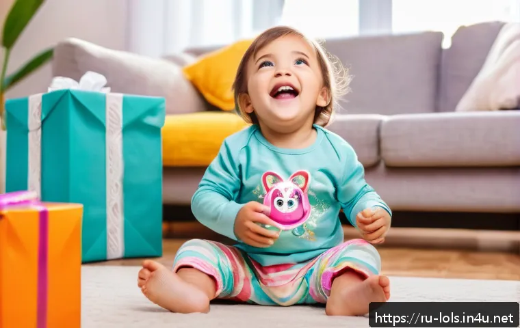 LOL 서프라이즈의 주요 소비자 연령층 분석 - A joyful young child aged 4 to 6, wearing colorful casual clothes and a playful diaper, excitedly op...