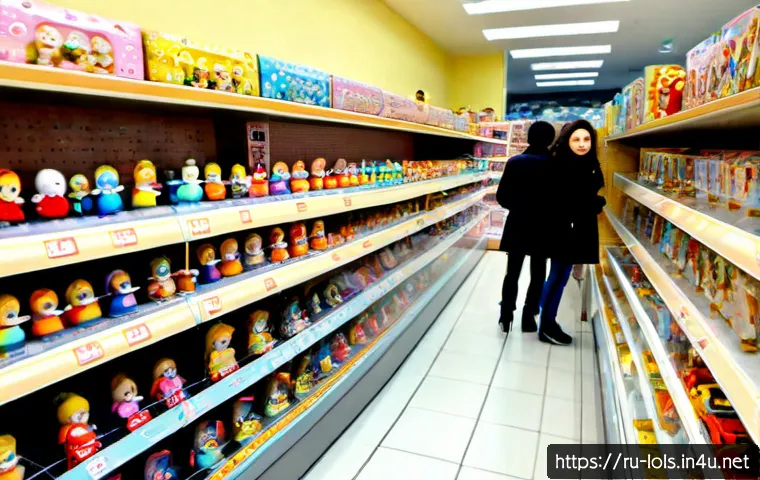 LOL 서프라이즈의 전 세계 판매 현황 - Photorealistic high-end toy store in Moscow during winter, a large colorful display of collectible s...