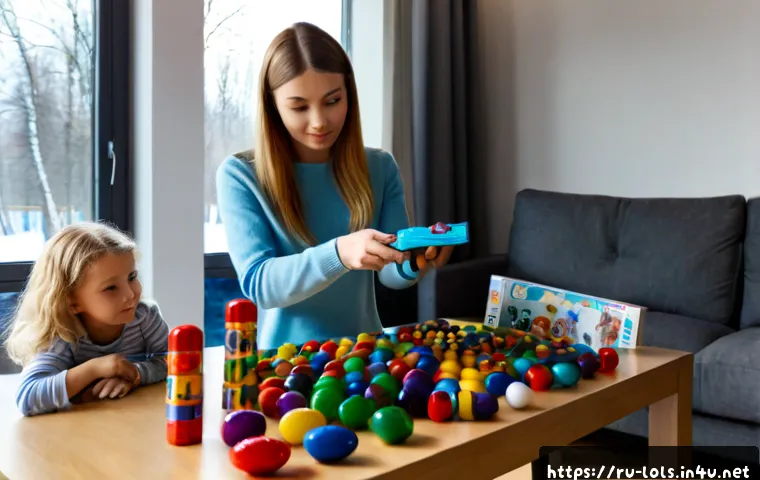 LOL 서프라이즈의 브랜드 확장 가능성 - Photorealistic modern Moscow family living room, a child and parent examining a colorful collection ...