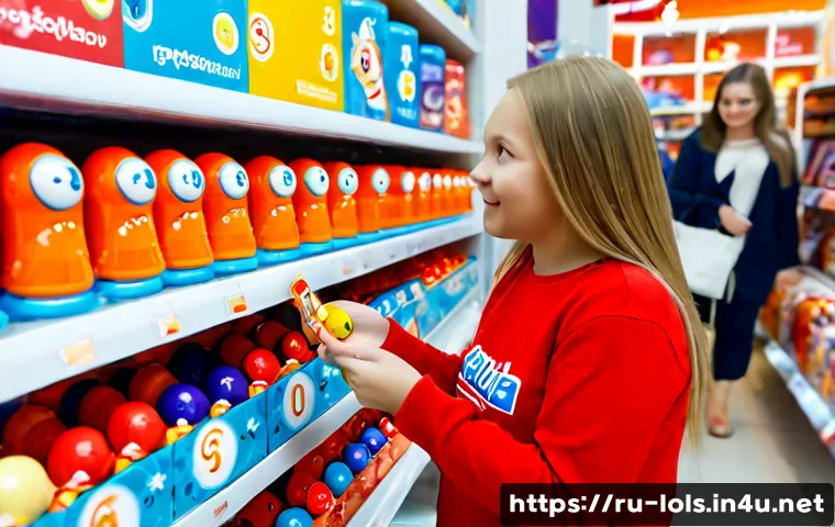 LOL 서프라이즈의 브랜드 전략과 소비자 경험 사례 - Photorealistic Russian family shopping in a bright modern toy store in Moscow, a mother and young da...